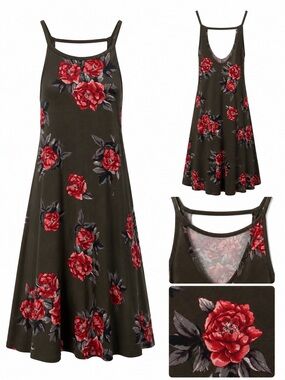 Nine Britton Army Green Floral Swing Dress w/ Pockets Scoop Neck Cutout Back Sm